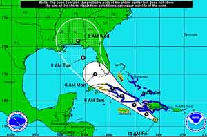 Cono de trayectoria de la Tormenta Tropical Isaac a las 11 a.m. 