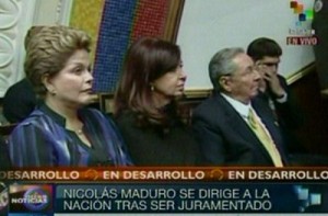 Presidentes Dilma Rousseff, Cristina Fernández y Raúl Castro en el acto de Juramentación del mandatario Nicolás Maduro.