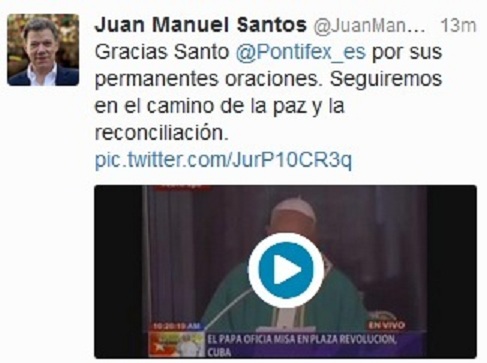 Mensaje de Juan Manuel Santos en su cuenta de twitter. 