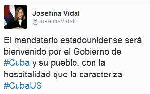 Mensaje en Twitter de Josefina Vidal anunciando la bienvenida al mandatario.