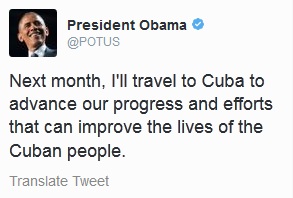 Mensaje en Twitter de Barack Obama anunciando su viaje a Cuba.