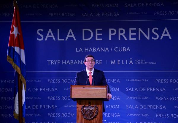 Bruno Rodríguez Parrilla, Ministro de Relaciones Exteriores de Cuba (MINREX), durante su intervención en la conferencia de prensa sobre la próxima visita del presidente de los Estados Unidos a Cuba. (Foto ACN)