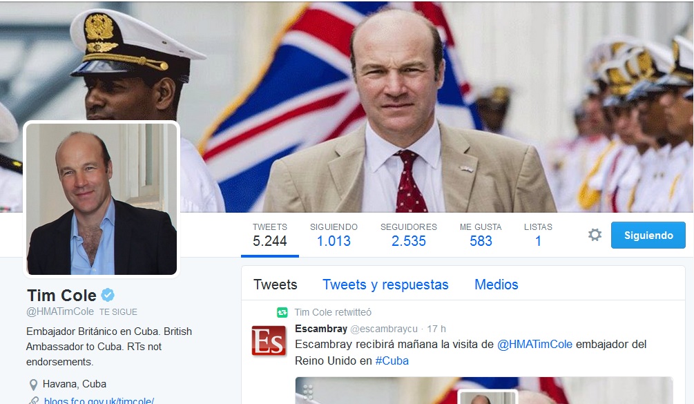 Perfil del embajador británico en Cuba en la red social Twitter.