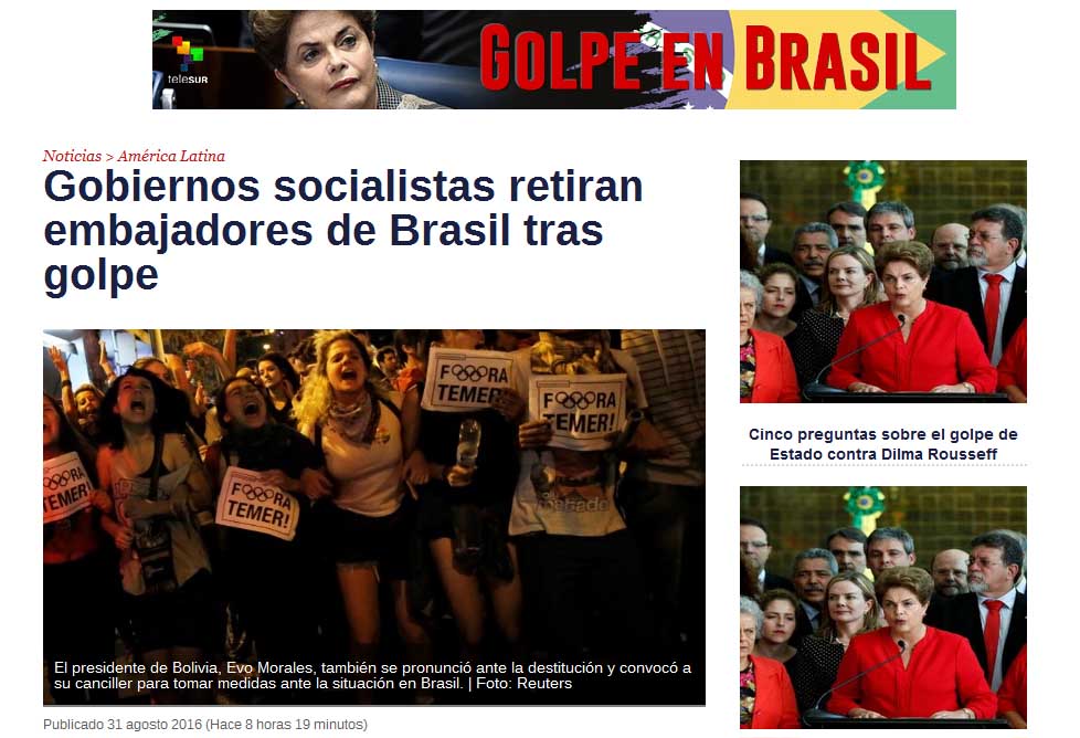 Varios países de América Latina respondieron con acciones diplomáticas a la destitución de la presidenta electa democráticamente Dilma Rousseff. 