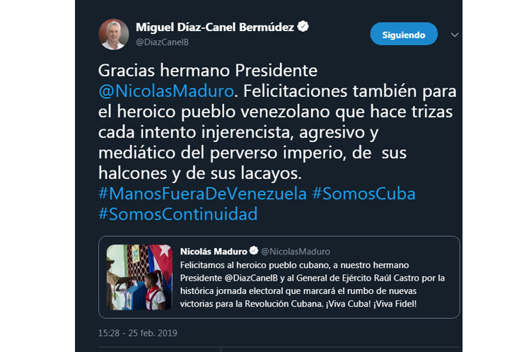 Maduro y Díaz-Canel intercambiaron mensajes a propósito de los resultados del Referendo. (Foto: PL)