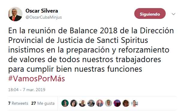 Tuit publicado por el ministro de Justicia desde el Balance del sector en Sancti Spíritus.