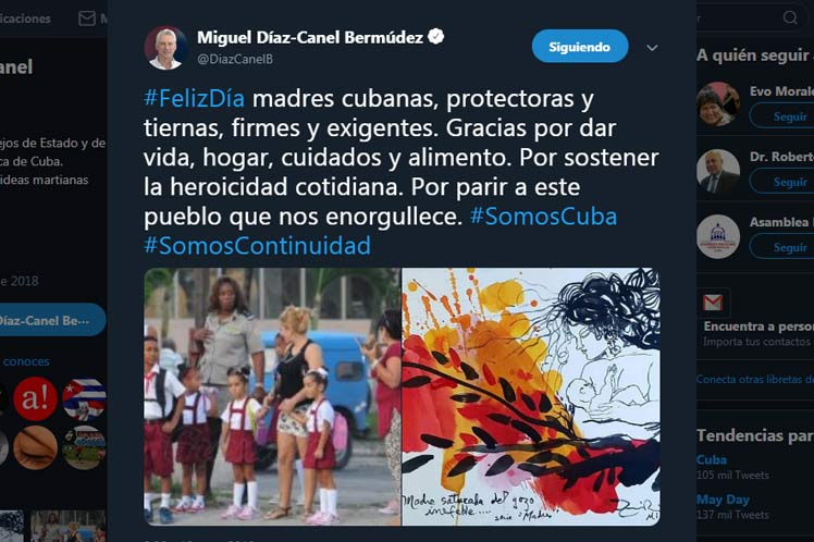 A través de twitter, Díaz-Canel se sumó al homenaje a las amdres cubanas. (Foto: PL)