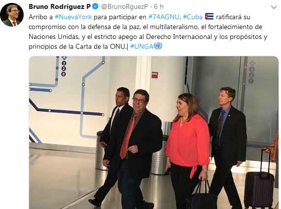 A través de su cuenta en la red social Twitter, Bruno Rodríguez confirmó su arribo a Nueva York. 