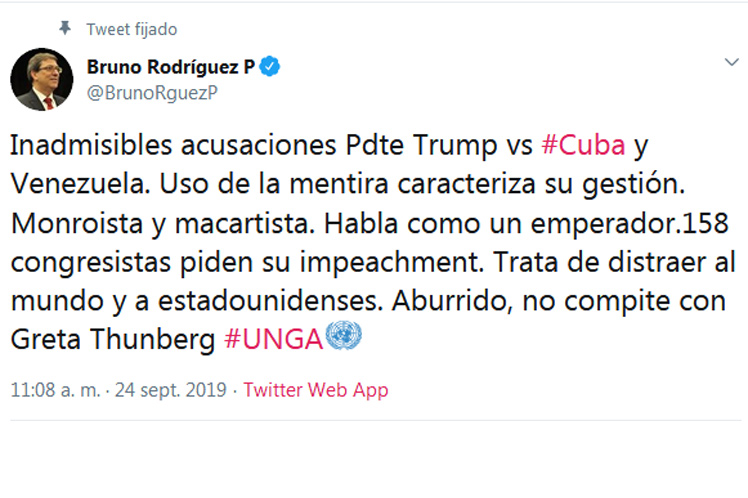 Bruno Rodríguez respondió a través de Twitter al discurso de Trump en la Asamblea general de la ONU.