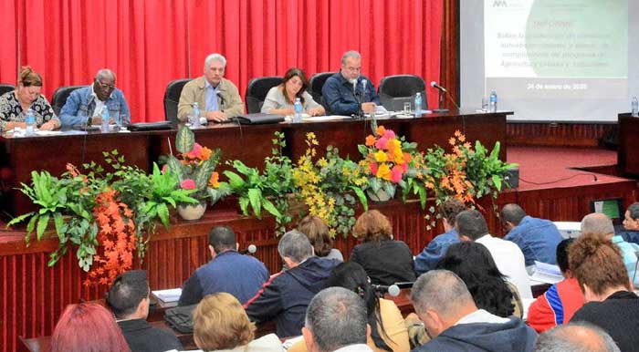 La máxima dirección del país sostiene un intercambio con los cuadros para el chequeo del avance hacia las metas de Autoabastecimiento Territorial. (Presidencia Cuba)