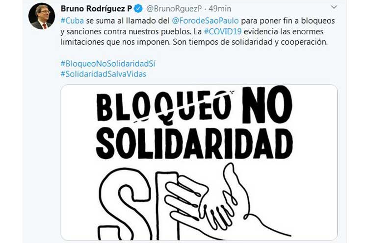 Son tiempos de solidaridad y cooperación, escribió el  canciller cubano en Twitter.