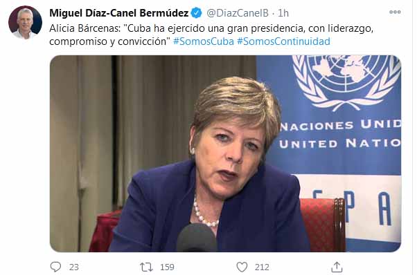 A través de Twitter, Díaz-Canel compartió una frase de Alicia Bárcena sobre el papel de la isla al frente del organismo.