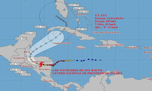 Cono de probable trayectoria de la Tormenta Tropical Eta. Imagen: Insmet.