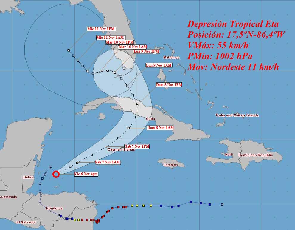 Cono de trayectoria de la Depresión Tropical Eta este viernes a las 6 pm. (Imagen: Insmet)