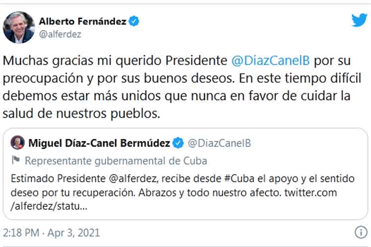 'En este tiempo difícil debemos estar más unidos que nunca en favor de cuidar la salud de nuestros pueblos', apuntó Alberto Fernández. 