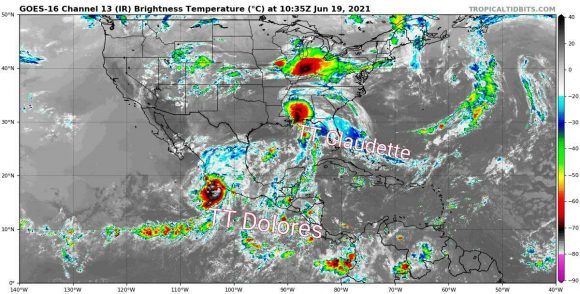 Claudette, con vientos máximos sostenidos de 75 kilómetros por hora, se desplaza con rumbo próximo al norte nordeste a razón de 19 kilómetros por hora. (Imagen satelital: Insmet)