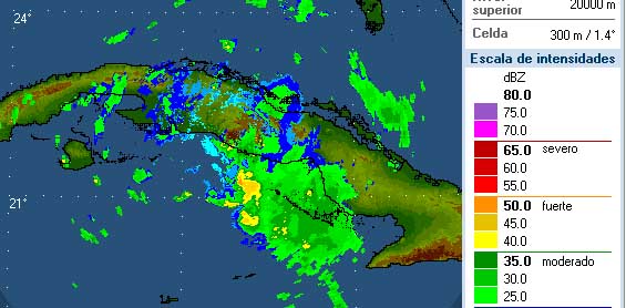 Imagen captada a las 6 y 40 de la tarde de este viernes por el radar meteorológico ubicado en Pico San Juan, en el centro de Cuba.