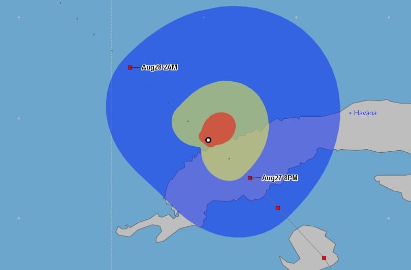 Simulación del radio de vientos del huracán Ida tras su salida de Cuba.