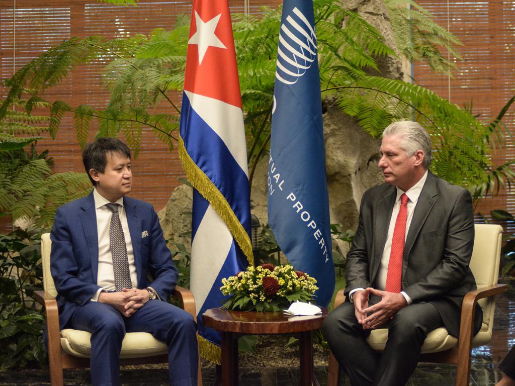 Díaz-Canel y el directivo de la OMPI se reunieron previo al reconocimiento a los creadores de las vacunas cubanas contra la covid. (Foto: PL)