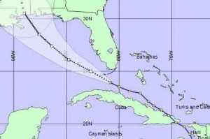 Cono de trayectoria de la tormenta Isaac al mediodía de este domingo.